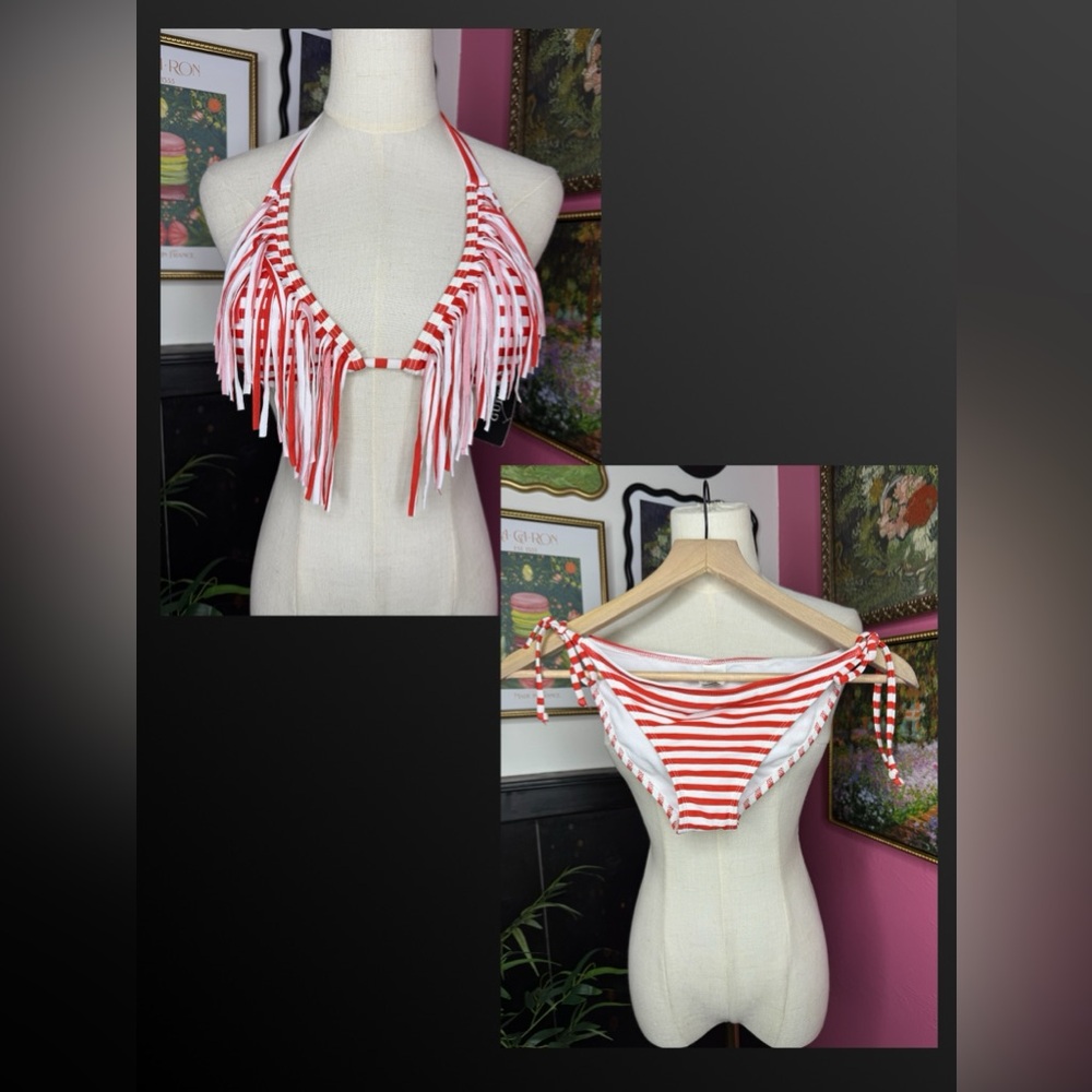 NWT Guess String Striped Print Bikini Set with Fringe Detailing Red & White XS